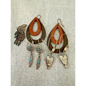 3 Pair Western Boho Earrings Women Brown Wire Pierced Blue Accent Dream Catccher
